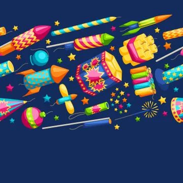Seamless pattern with colorful fireworks. Different types of pyrotechnics Illustrazione stock
