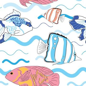 Seamless pattern with colorful fish and waves Stock Illustration