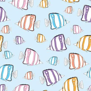 Seamless pattern colorful fish on blue background Stock Illustration