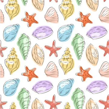 Seamless pattern with colorful flat seashell and starfish in a marine hand drawn Stock Illustration