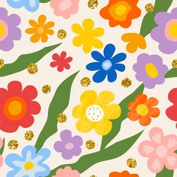 Seamless pattern with colorful flowers and gold sequins. Background suitable for Stock Illustration