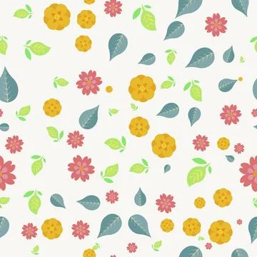 Seamless pattern with colorful flowers and leaves isolated on white backgroun Stock Illustration
