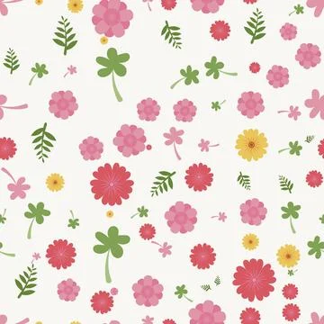 Seamless pattern with colorful flowers and green leaves isolated on white b.. Stock Illustration