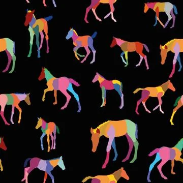 Seamless pattern with colorful foals on black background Stock Illustration