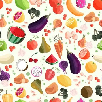 Seamless pattern with colorful fruit and vegetable. Illustrazione stock