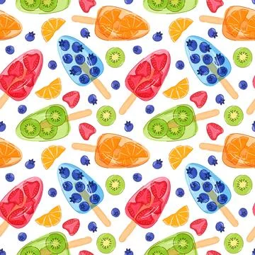 Seamless pattern of colorful fruit ice pop with slice of strawberry, kiwi Stock Illustration