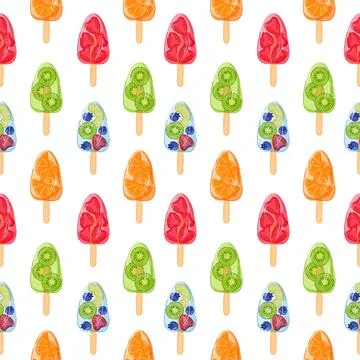 Seamless pattern with colorful fruit ice pop in cartoon style. Repeating summer 스톡 일러스트
