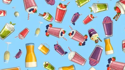 Seamless Pattern of Colorful Fruit Smoothies and Milkshakes with Whipped Crea 스톡 일러스트