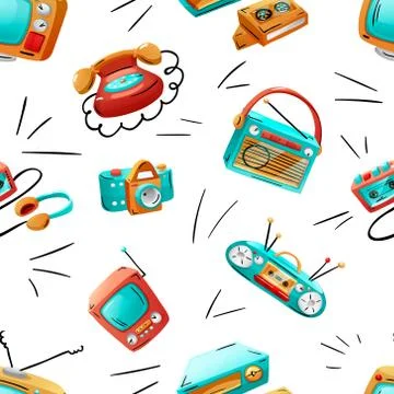 Seamless pattern with colorful funny retro devices Stock Illustration