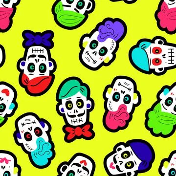 Seamless pattern with colorful funny skulls. Pattern with sugar skulls. Stock Illustration