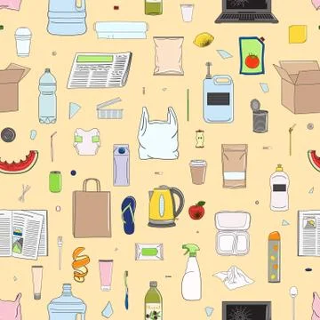 Seamless pattern of colorful garbage. Recycle concept. Illustrazione stock