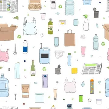 Seamless pattern of colorful garbage. Recycle concept. Stock Illustration