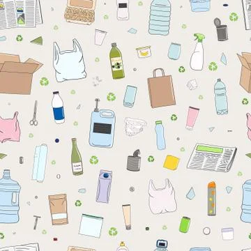 Seamless pattern of colorful garbage. Recycle concept. Stock Illustration