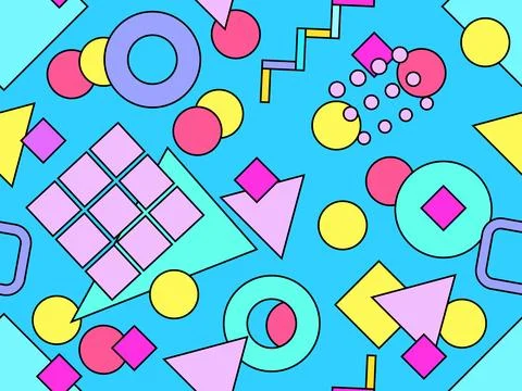 Seamless pattern with colorful geometric shapes with black outline. Geometr.. Stock Illustration