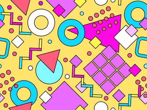 Seamless pattern with colorful geometric shapes with black outline. Geometr.. Stock Illustration