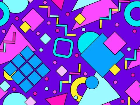 Seamless pattern with colorful geometric shapes with black outline. Geometr.. Illustrazione stock