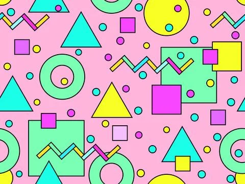 Seamless pattern with colorful geometric shapes with black outline. Geometr.. Stock Illustration