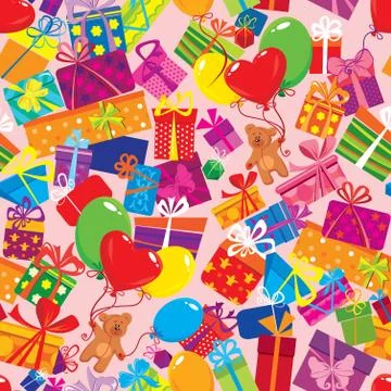 Seamless pattern with colorful gift boxes, presents, balloons and teddy bears Stock Illustration