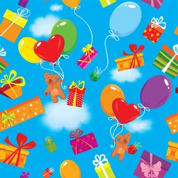 Seamless pattern with colorful gift boxes, presents, balloons and teddy bears Stock Illustration