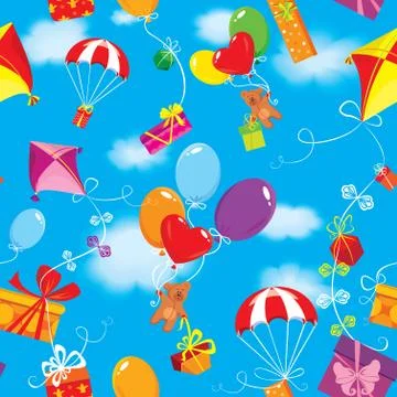 Seamless pattern with colorful gift boxes, presents, balloons, kite, parachut Stock Illustration