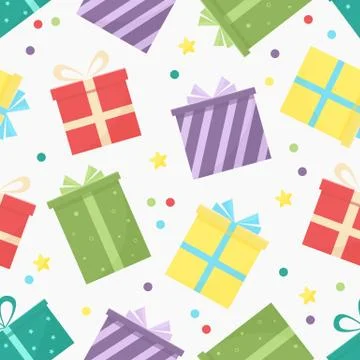 Seamless pattern with colorful gift boxes, confetti and stars. Stock Illustration