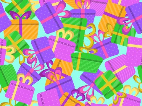 Seamless pattern with colorful gift boxes in flat style. Festive design Stock Illustration