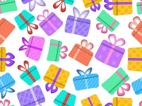 Seamless pattern with colorful gift boxes in flat style. Festive design イラスト素材