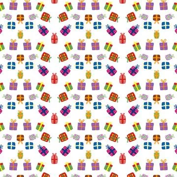 A seamless pattern of colorful gift boxes, some adorned with ribbons and bo.. Stock Illustration