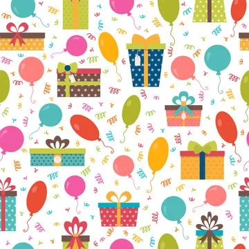 Seamless pattern with colorful gift boxes, confetti and balloons. Birthday .. Stock Illustration