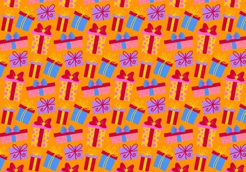 Seamless pattern with colorful gift boxes of different shapes with bows. Stock Illustration