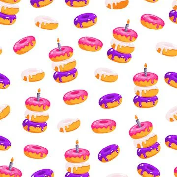 Seamless pattern with colorful glazed donuts and birthday candle in bright .. Illustrazione stock