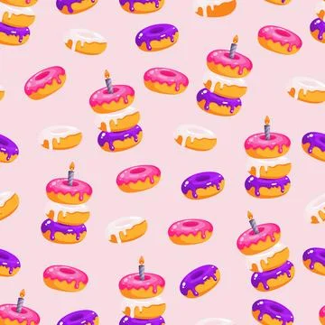 Seamless pattern with colorful glazed donuts and birthday candle in bright .. Stock Illustration