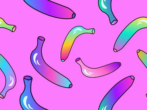 Seamless pattern with colorful gradient bananas in 80s style. Futuristic ba.. Stock Illustration