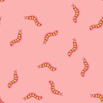 Seamless pattern colorful green and pink cartoon caterpillar crawling insect Stock Illustration