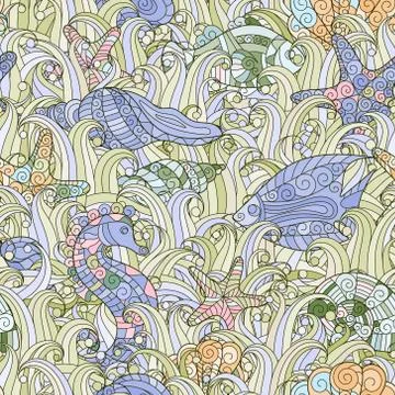 Seamless pattern of colorful hand drawn seashells, starfish and seahorse Illustrazione stock
