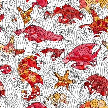 Seamless pattern of colorful hand drawn seashells, starfish and seahorse Stock Illustration