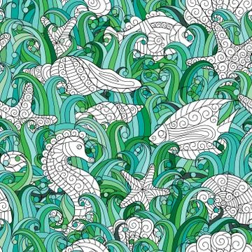 Seamless pattern of colorful hand drawn seashells, starfish and seahorse Stock Illustration