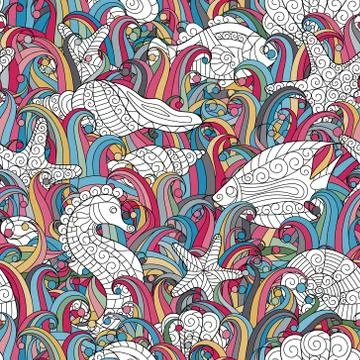 Seamless pattern of colorful hand drawn seashells, starfish and seahorse Stock Illustration