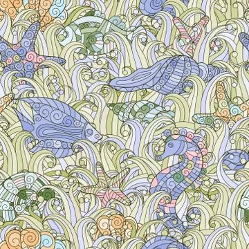 Seamless pattern of colorful hand drawn seashells, starfish and seahorse Ilustração Stock