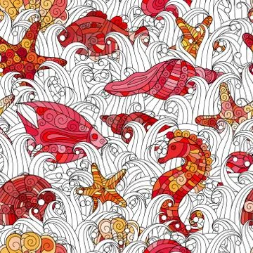 Seamless pattern of colorful hand drawn seashells, starfish and seahorse Stock Illustration