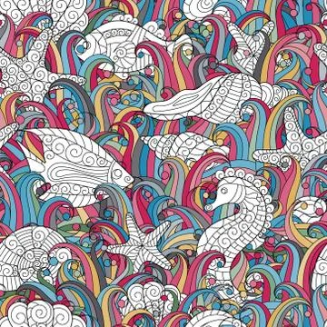 Seamless pattern of colorful hand drawn seashells, starfish and seahorse Illustrazione stock