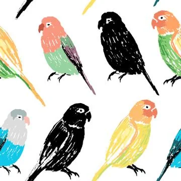 Seamless pattern with colorful hand drawn parrots Illustrazione stock