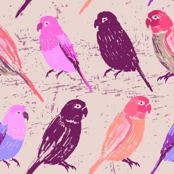 Seamless pattern with colorful hand drawn parrots Illustrazione stock