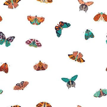 Seamless pattern with colorful hand drawn butterflies and moths on white Stock Illustration