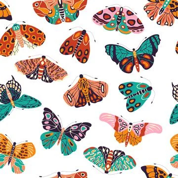 Seamless pattern with colorful hand drawn butterflies and moths on white Stock Illustration