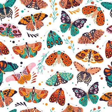 Seamless pattern with colorful hand drawn butterflies and moths on white Illustrazione stock