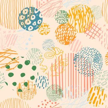Seamless pattern with colorful hand drawn abstract round elements, doodles Stock Illustration