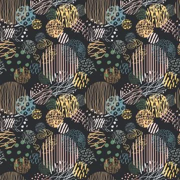 Seamless pattern with colorful hand drawn abstract round elements, doodles Stock Illustration