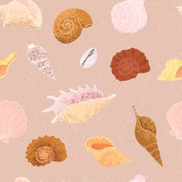 Seamless pattern with colorful hand drawn illustrations of seashell Stock Illustration