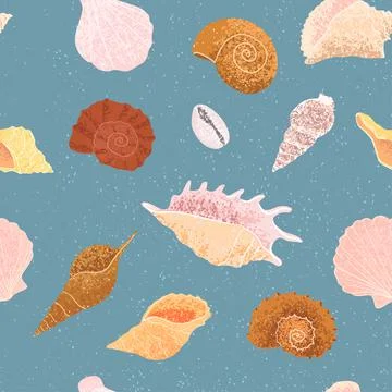 Seamless pattern with colorful hand drawn illustrations of seashell イラスト素材